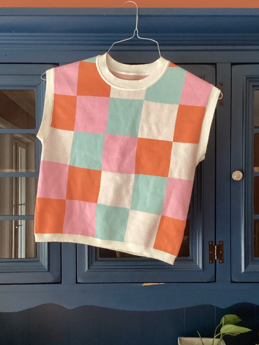 Kids Checkerboard Knit Vest - Pink, Orange, Mint & White
